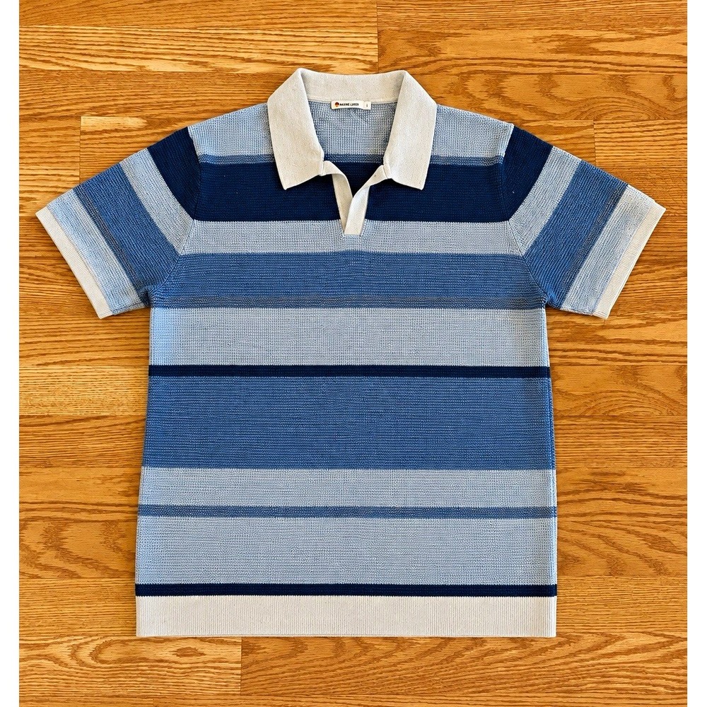 Marine Layer Knit Sweater Polo Mens L Blue Stripe Johnny Collar Merino Blend